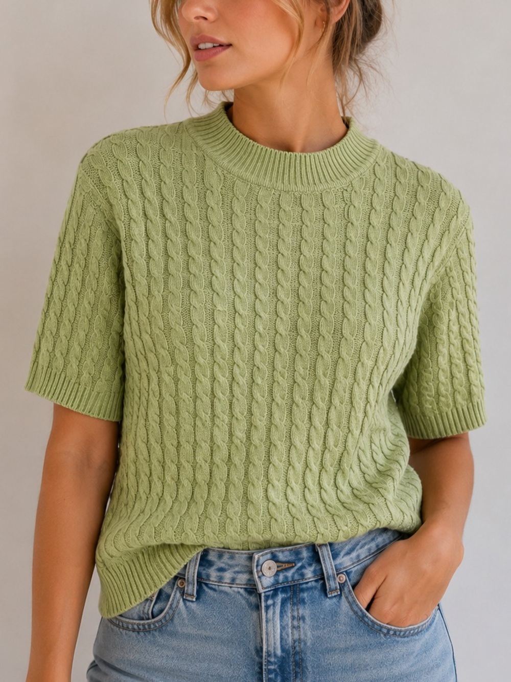 Vintage Mister Leonard Cable Knit Short Sleeve Sweater Tee Green 100% Cotton M
